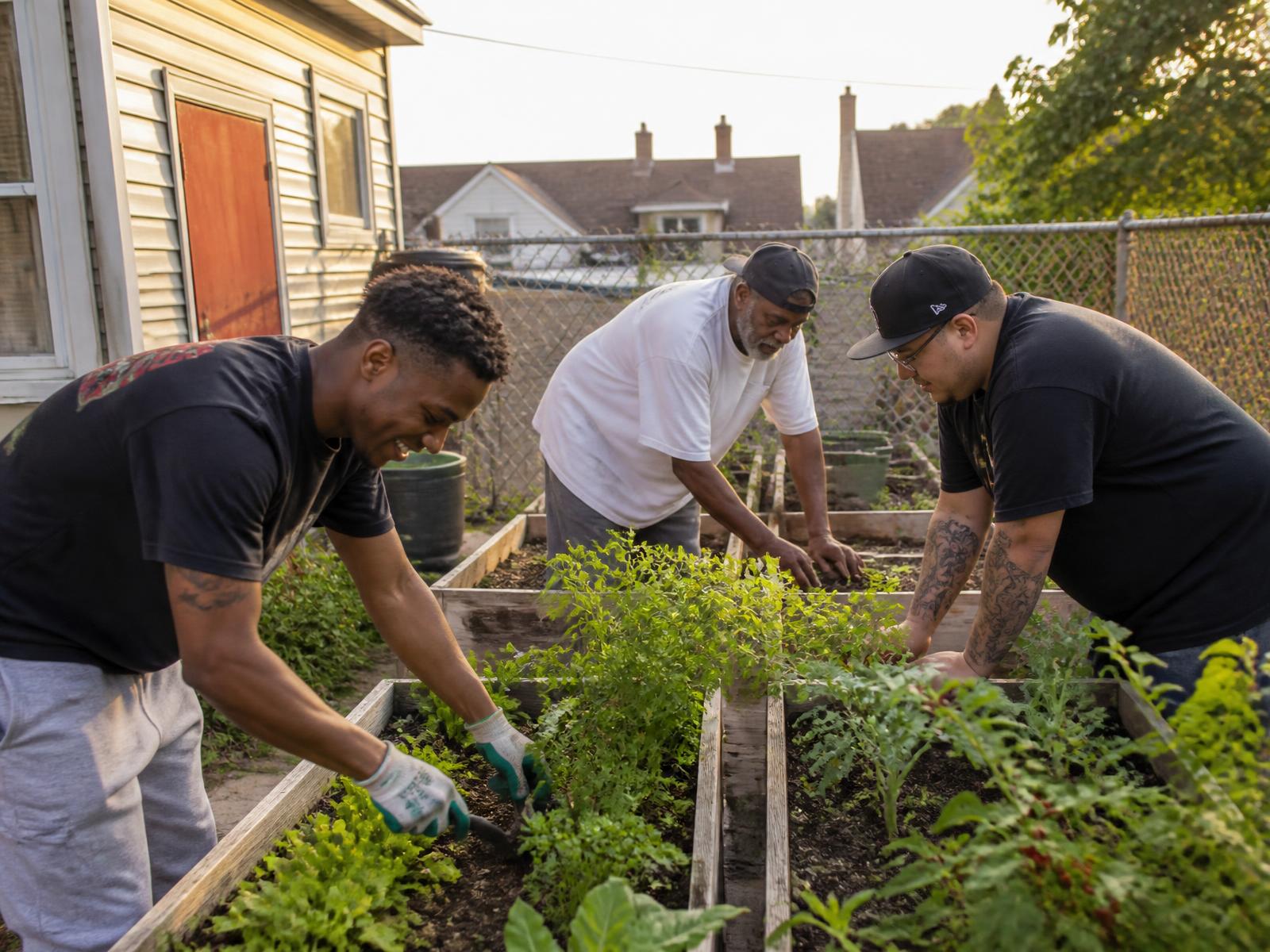 Three men working together on raised vegetable beds in the backyard of a neighborhood home at sunset