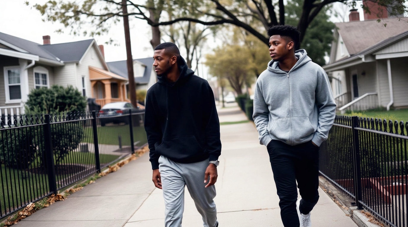 Two young Black men in plain urban streetwear walking side by side and talking on a residential city sidewalk in a real neighborhood