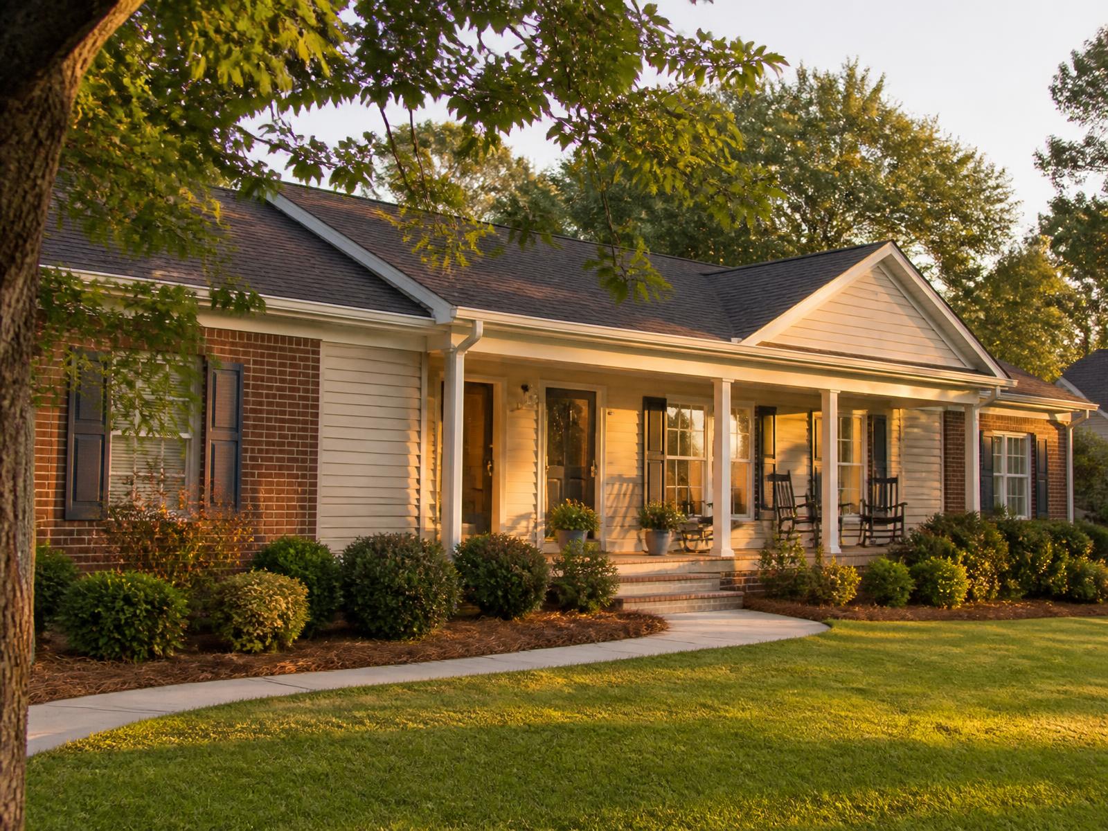 Front porch of a welcoming single-story home at golden hour, with rocking chairs and potted plants