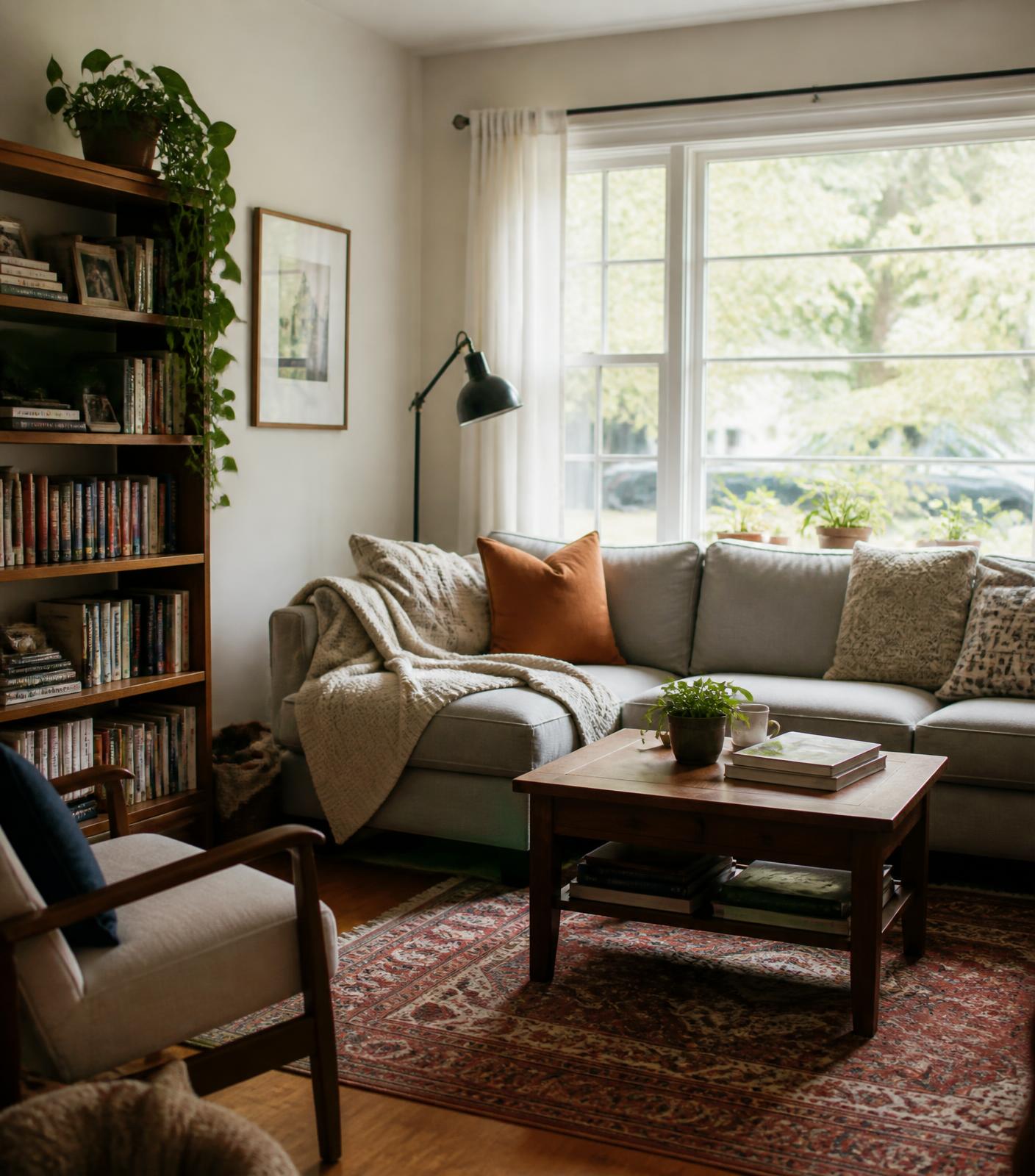 Sunlit living room with a soft sofa, throw blankets, bookshelf, and houseplants