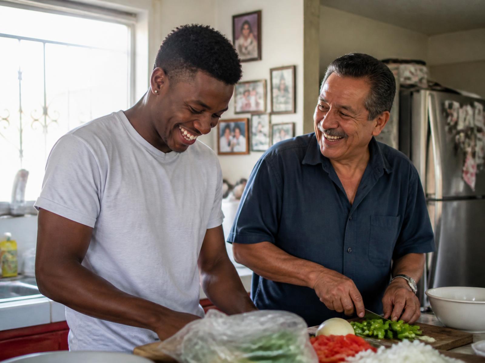 Two men chopping vegetables together at a sunlit kitchen counter